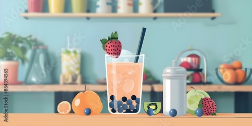 Flat design front view of a delicious boba tea - the perfect quick snack. Concept Food Illustration, Drink Art, Flat Design, Boba Tea, Quick Snack photo