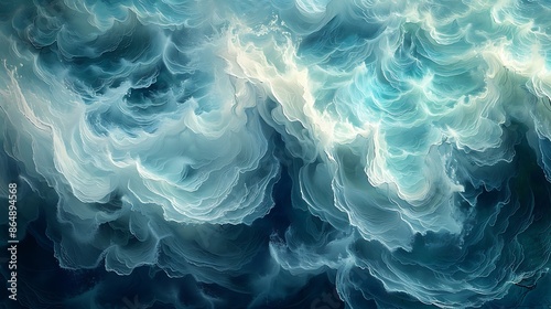 A mural of abstract ocean waves, stylized flowing waves in vibrant blues and greens, showcasing a modern art style.