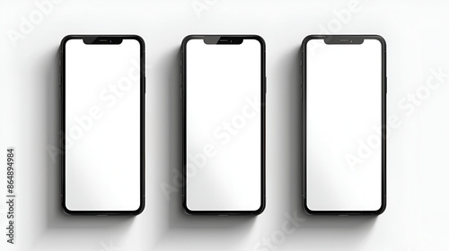 Closeup modern digital black Smartphone mobile blank screen three position front and side isolated on white background, no clipping path