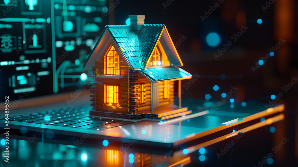 Showing 3D model house hologram transparent on a laptop keyboard on the screen, symbolizing in-depth research and exploration of real estate and housing options. Showing 3D model house hologram transparent on a laptop keyboard on the screen, symbolizing in-depth research and exploration of real estate and housing options.