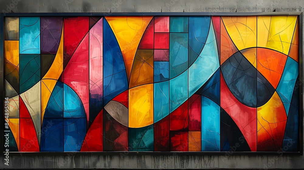 Fototapeta premium A mural of vibrant geometric patterns, bold colorful shapes intersecting and overlapping, with a modern art style, creating a dynamic and eye-catching composition.