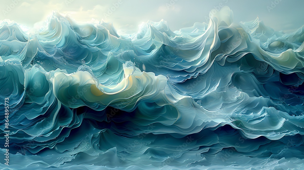Abstract modern art mural, ocean waves with stylized flowing waves in vibrant blues and greens, 16:9 aspect ratio. Abstract modern art mural, ocean waves with stylized flowing waves in vibrant blues and greens, 16:9 aspect ratio.