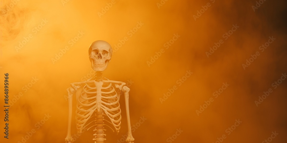 Skeleton standing in orange mist, creating a spooky and atmospheric scene, perfect for Halloween or horror-themed designs and projects. Skeleton standing in orange mist, creating a spooky and atmospheric scene, perfect for Halloween or horror-themed designs and projects.