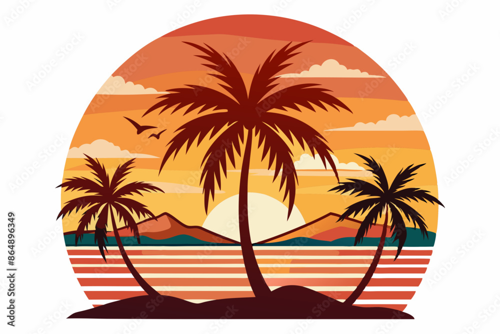 Obraz premium Tropical sunset with palm trees vector illustration, Retro and vintage summer vibes t-shirt design with palm tree 