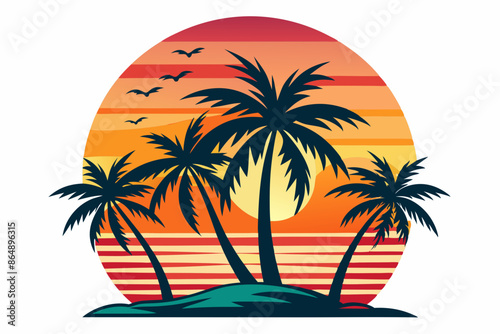Wallpaper Mural Tropical sunset with palm trees vector illustration, Retro and vintage summer vibes t-shirt design with palm tree
 Torontodigital.ca