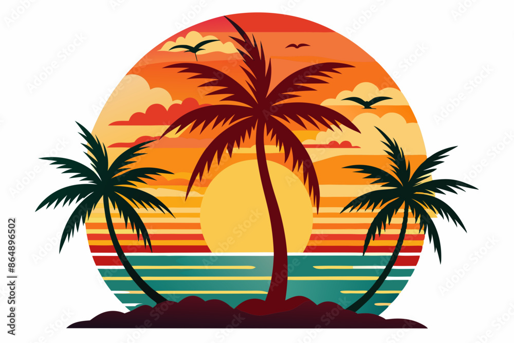 Fototapeta premium Tropical sunset with palm trees vector illustration, Retro and vintage summer vibes t-shirt design with palm tree 