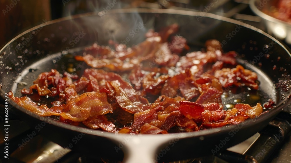 The sound of sizzling butter in a cast iron skillet as it cooks a batch of crispy bacon over the stove. The sound of sizzling butter in a cast iron skillet as it cooks a batch of crispy bacon over the stove.