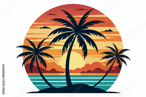 Tropical sunset with palm trees vector illustration, Retro and vintage summer vibes t-shirt design with palm tree
