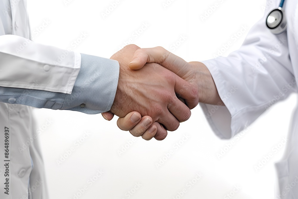 Close up of a doctor shaking hands with a businessman in an office, against a white background. Closeup photo of male and female medical staff shaking hands after a good deal or contract on the stock Close up of a doctor shaking hands with a businessman in an office, against a white background. Closeup photo of male and female medical staff shaking hands after a good deal or contract on the stock