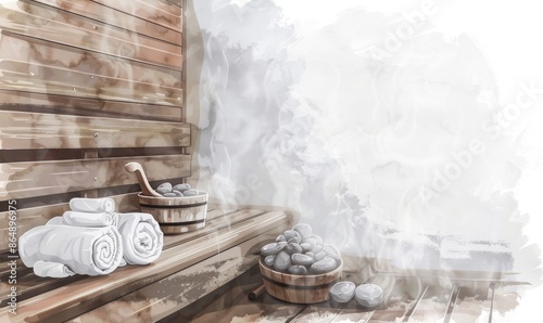 A wooden interior of an electrically heated steam room with steaming stones and towels on the side, steam rising from under its slats
