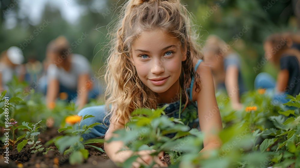 A girl gardening in a community garden on a sunny day, surrounded by nature and outdoors