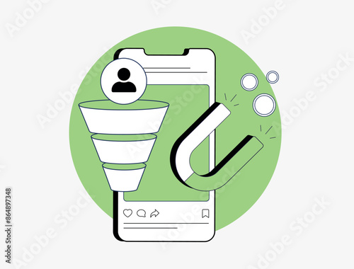 Social media lead generation - collecting new leads, expand reach and boost audience engagement. Lead magnet offers with targeted ads. Sales funnel, social media analytics vector illustration