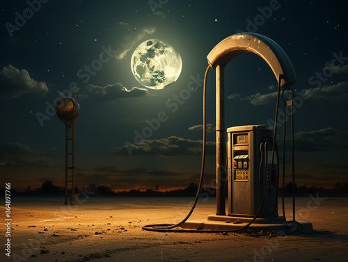 Abstract art of gasoline pump with moon in the background, gasoline expensive, surreal economic concept photo