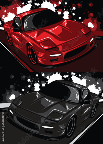 Red japanese sport cars of an abstract background