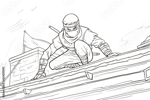 Cartoon ninja crouching low on a rooftop, outlined for coloring, on a white background. photo