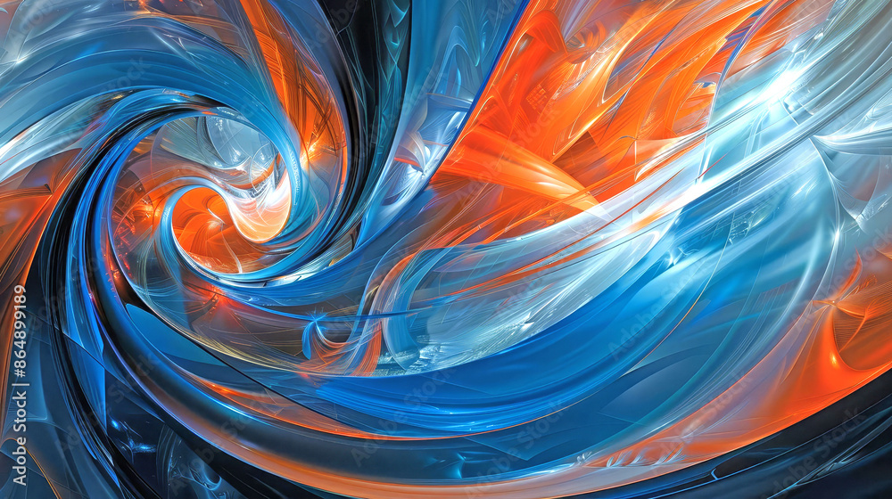 Create a digital abstract piece with swirling shapes and vibrant colors Bright blue and orange tones dominate the composition Create a digital abstract piece with swirling shapes and vibrant colors Bright blue and orange tones dominate the composition