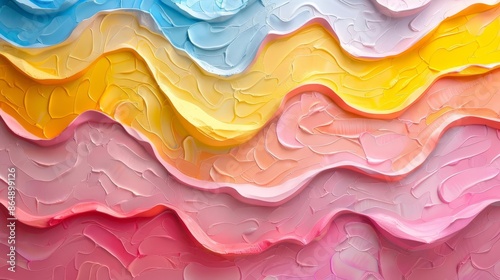 Wallpaper Mural Produce a vibrant, layered abstract piece with wavy, colorful layers in pink, yellow, and blue Bright, cheerful tones and smooth textures Torontodigital.ca