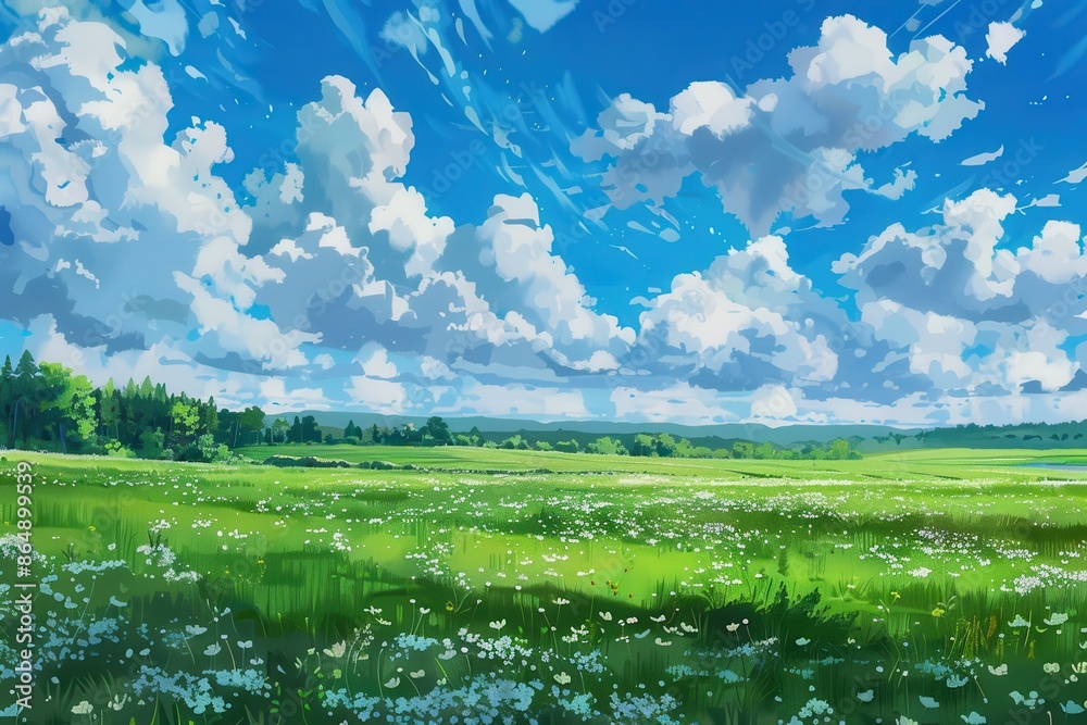 Fototapeta premium Peaceful countryside landscape with green grass, blue sky, and fluffy white clouds, perfect for relaxing nature photography and digital art.