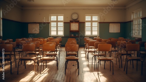 A large empty classroom with chairs. 