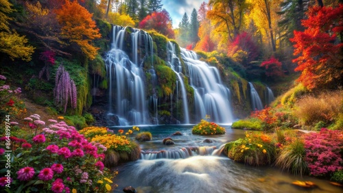 waterfall in autumn forest with colorful flowers. Autumn Wallpaper, Nature Wallpaper
