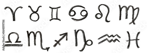 A hand-drawn set zodiac signs in black pencil isolated on a white background, perfect for astrology-themed designs, horoscope articles, and spiritual projects