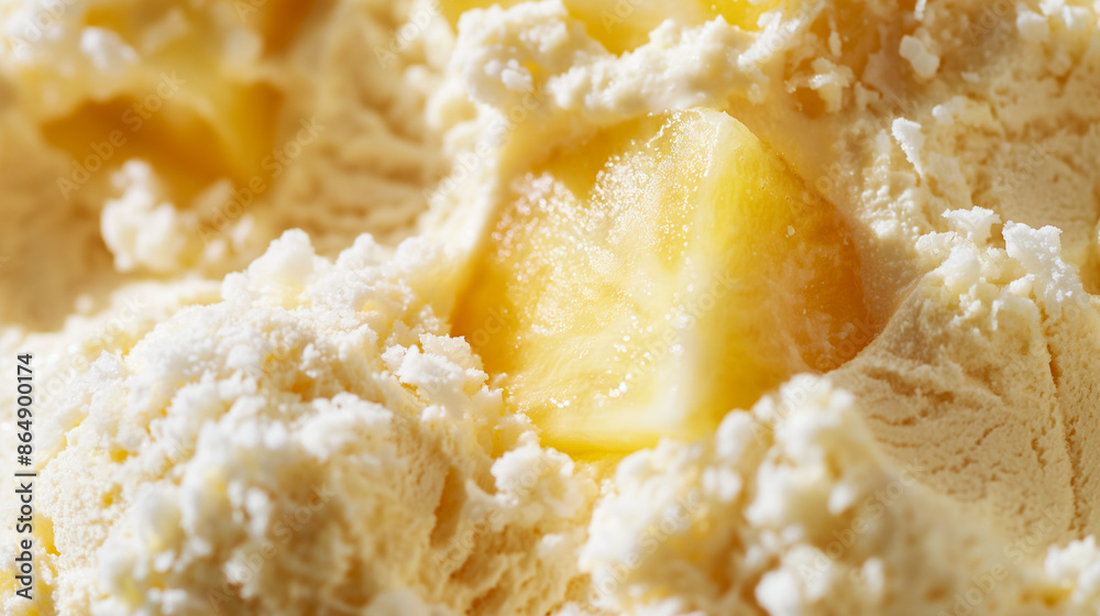 A closeup of chic pina colada gelato, its creamy texture and tropical flavors of coconut and pineapple against a white background A closeup of chic pina colada gelato, its creamy texture and tropical flavors of coconut and pineapple against a white background