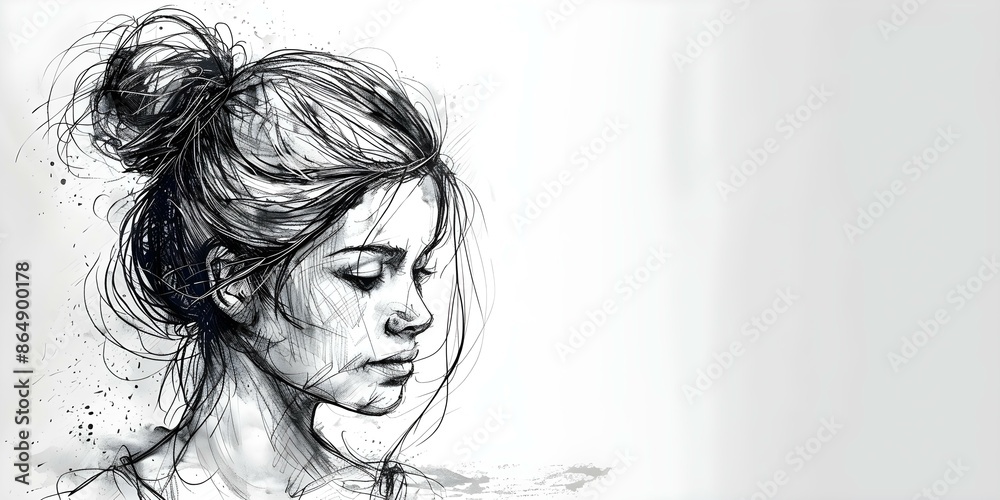 Fototapeta premium Stylish black ink drawing of a young woman with a bun. Concept Portrait Drawing, Ink Illustration, Fashion Sketch, Young Woman, Stylish Bun