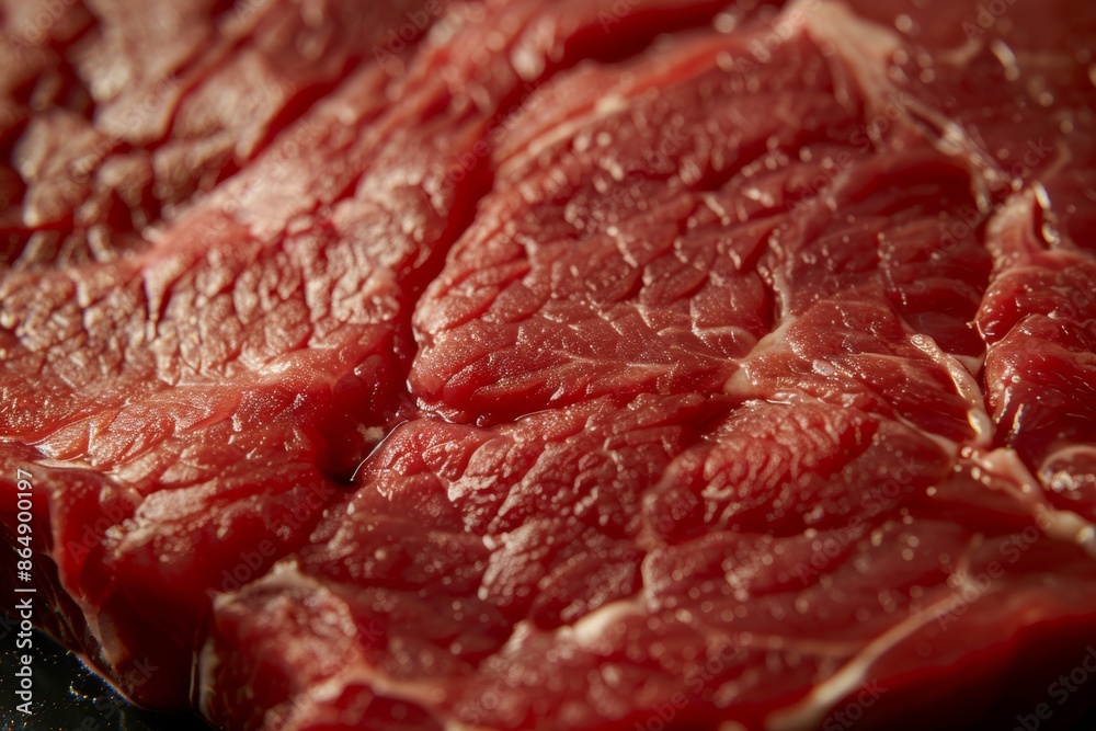 Detailed close-up of the intricate structure of fresh raw red beef meat steak, showcasing its texture and marbling Detailed close-up of the intricate structure of fresh raw red beef meat steak, showcasing its texture and marbling