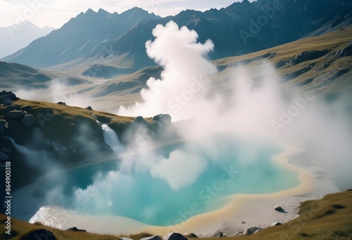 Iceland wild mountain landscape with natural hot springs with water vapor  from it
