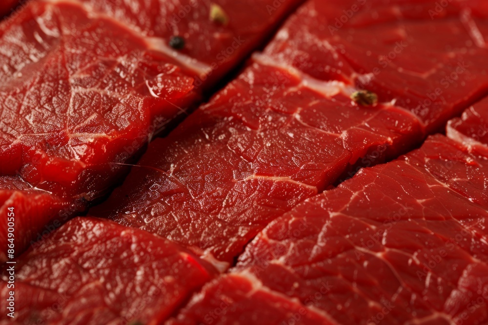 Detailed close-up of the intricate structure of fresh raw red beef meat steak, showcasing its texture and marbling Detailed close-up of the intricate structure of fresh raw red beef meat steak, showcasing its texture and marbling