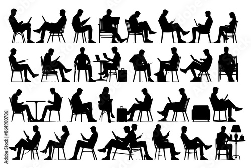 Silhouette of sitting people, large collection, sitting man and girl