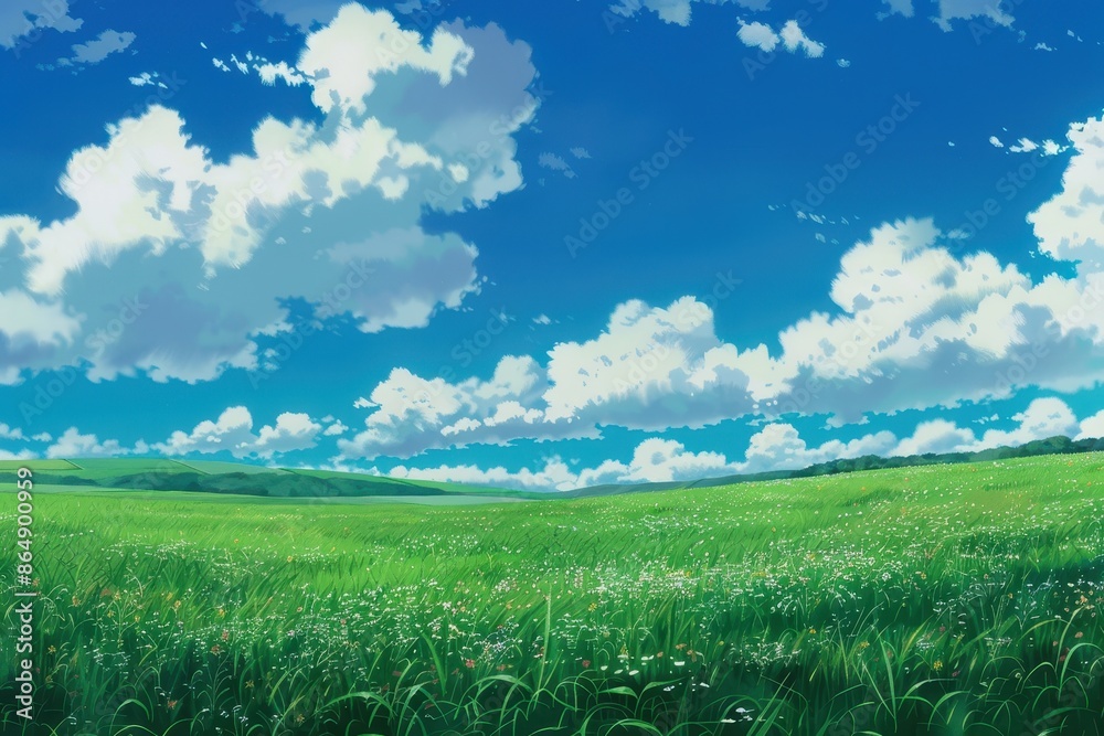 Vibrant green meadow with fluffy white clouds in a blue sky, Beautiful nature scene for background, screensaver or wallpaper Vibrant green meadow with fluffy white clouds in a blue sky, Beautiful nature scene for background, screensaver or wallpaper