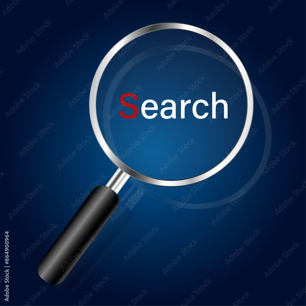 magnifying glass with the word search on blue background, magnifying glass vector illustration. magnifying glass with the word search on blue background, magnifying glass vector illustration.