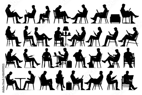 Silhouette of sitting people, large collection, sitting man and girl