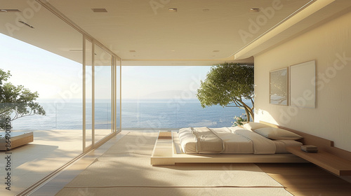 Modern bedroom with ocean view and refined decor. © Deepa