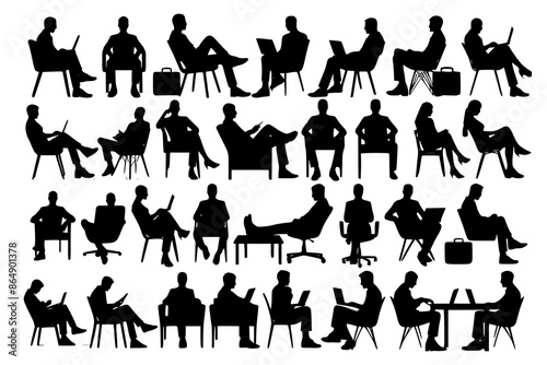 Silhouette of sitting people, large collection, sitting man and girl