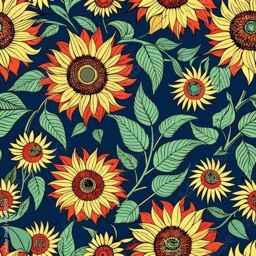 seamless pattern of unique batik sunflowers, Generative AI