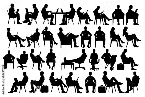 Silhouette of sitting people, large collection, sitting man and girl