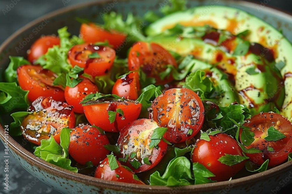 A refreshing salad with mixed greens, avocado slices, cherry tomatoes, and a light balsamic vinaigrette. A refreshing salad with mixed greens, avocado slices, cherry tomatoes, and a light balsamic vinaigrette.