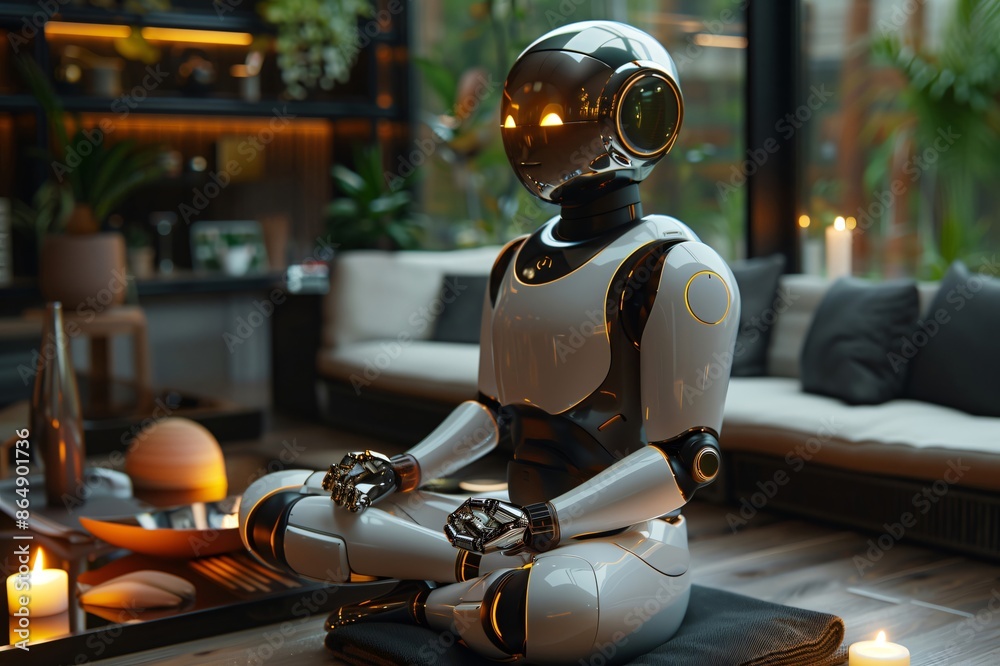 Fototapeta premium White humanoid robot practicing yoga and meditating in cozy apartment