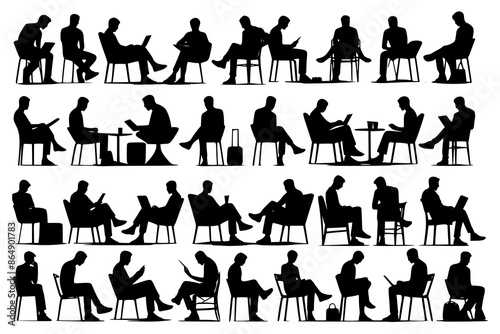 Silhouette of sitting people, large collection, sitting man and girl