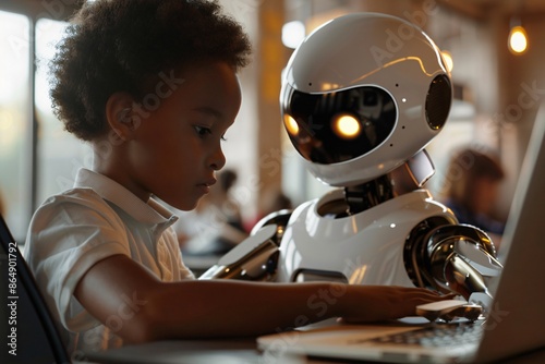 Young boy concentrating while programming humanoid robot on laptop