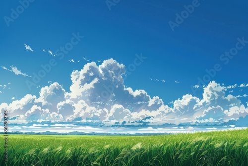 Beautiful summer landscape with blue sky and white fluffy clouds above green field of grass.