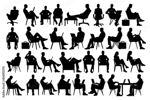 Silhouette of sitting people, large collection, sitting man and girl