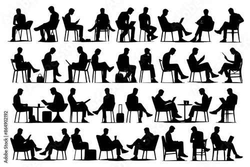 Silhouette of sitting people, large collection, sitting man and girl