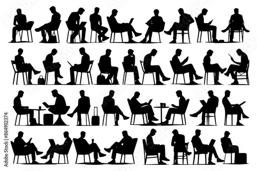 Silhouette of sitting people, large collection, sitting man and girl