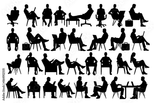 Silhouette of sitting people, large collection, sitting man and girl
