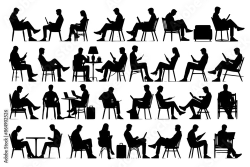 Silhouette of sitting people, large collection, sitting man and girl