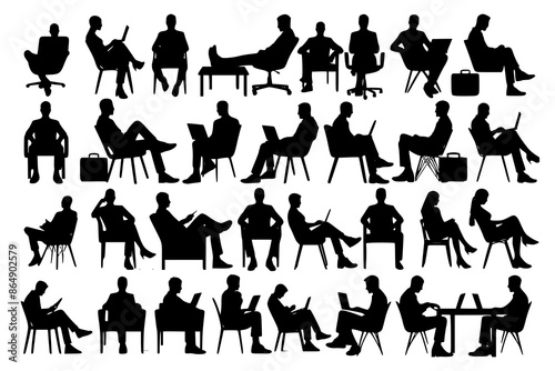 Silhouette of sitting people, large collection, sitting man and girl