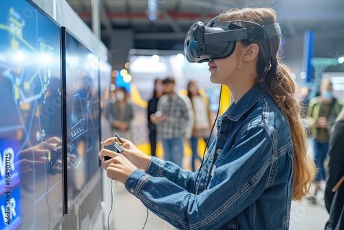 Woman using VR headset in a tech exhibition, exploring immersive virtual reality and advanced digital technology, innovative interactive experience.